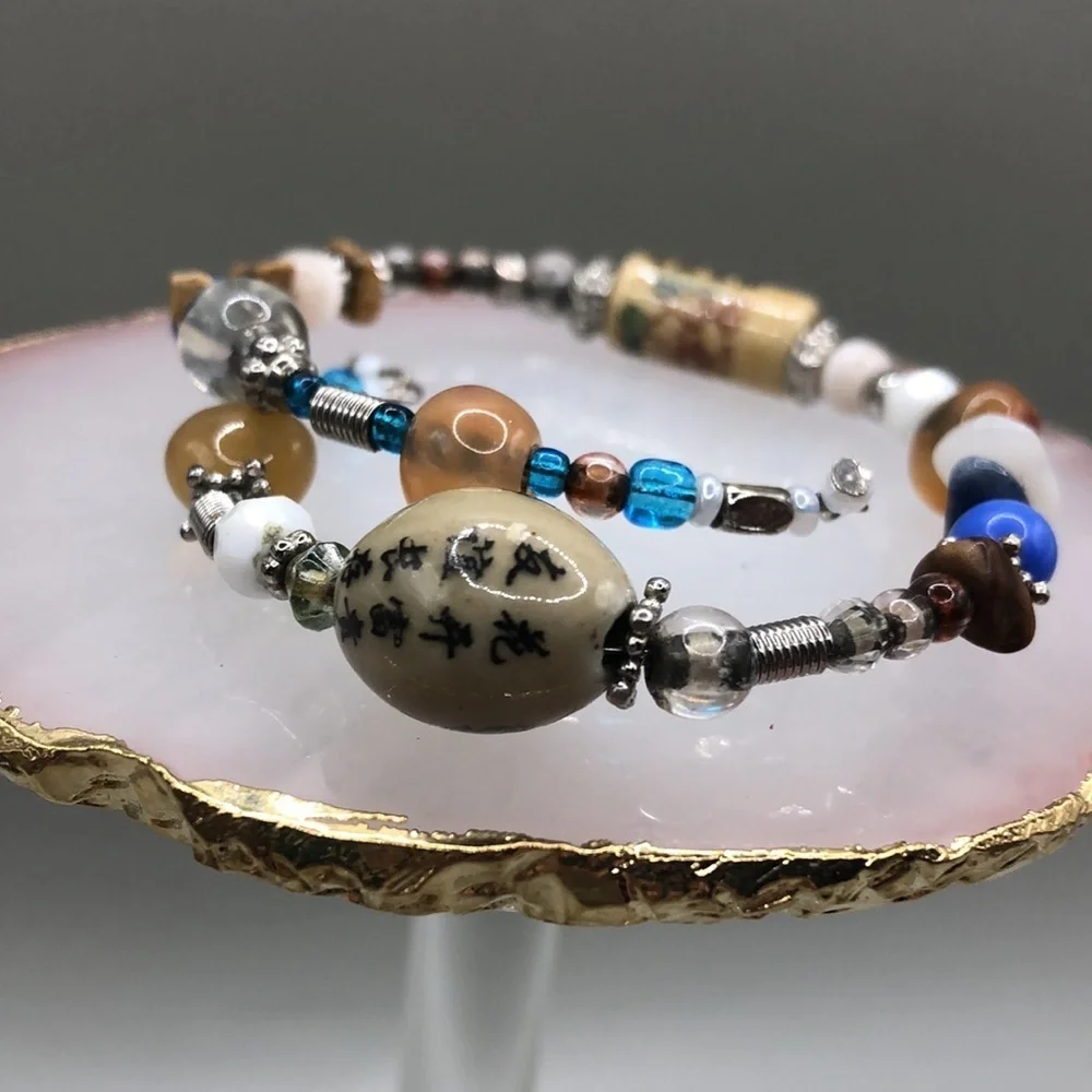 ARTISAN handmade Asian ceramic beads memory coil bracelet boho layering